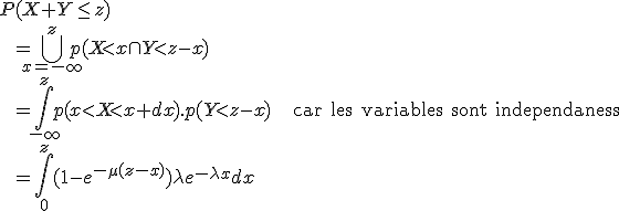 P(X+Y\leq z) \\ \qquad =\Bigcup_{x=-\infty}^{z} p(X<x\cap Y<z-x) \\ \qquad =\Bigint_{-\infty}^{z}p(x<X<x+dx). p(Y<z-x) \hspace{20} {\rm car les variables sont independantes}\\ \qquad =\Bigint_{0}^{z}(1-e^{-\mu (z-x)})\lambda e^{-\lambda x} dx